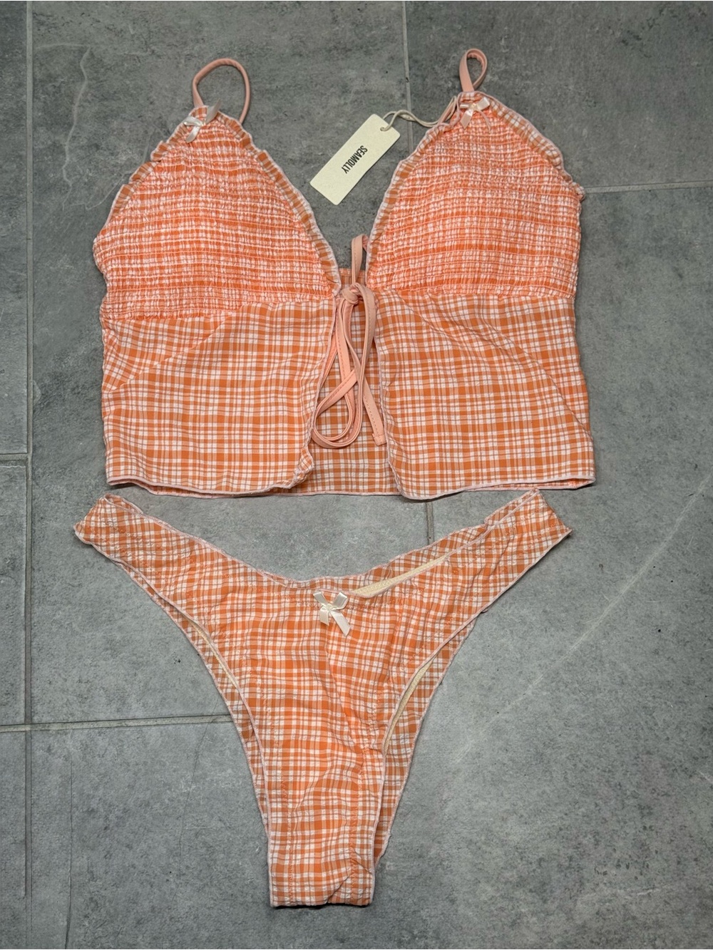 SeaMolly Orange Gingham Tie-Front Tankini Bikini Set